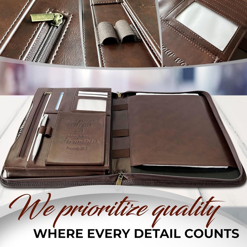 DEHITE Leather Portfolio for Men and Women - Christian Religious Gifts - Padfolio with Laptop Pocket - Letter Size Organizer for Bible Notebook Notepad - Brown Full Grain Zipper Binder - Image 4